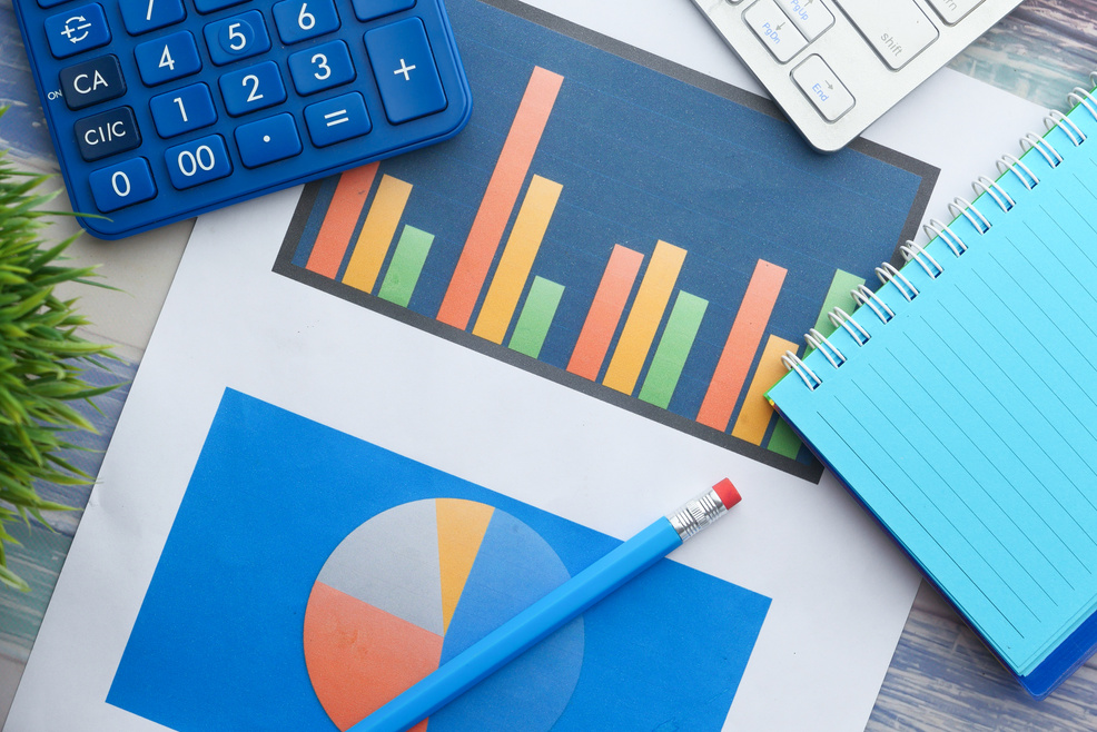 Financial Graph, Calculator and Notepad on Table